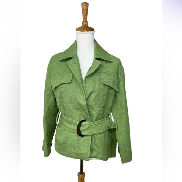 VINCE SAHARIENNE JACKET WOMENS SIZE MEDIUM GREEN LINEN BLEND BELTED - Picture 3 of 12